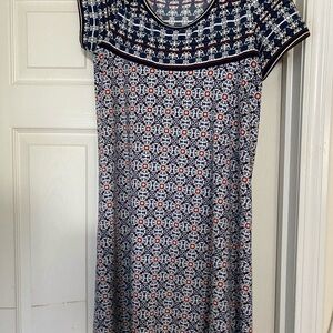 Max Edition Navy, White & Red Printed Short Sleeve Midi Dress